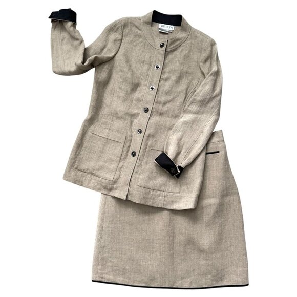WORTH 100% Linen Tan Skirt Set Long Blazer Jacket w Pencil Skirt Women's M/10 - Picture 1 of 9